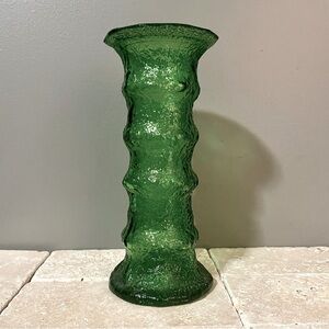 Vintage E.O. Brody Emerald Green Textures Ringed Glass Bud Flower Vase 7" Tall